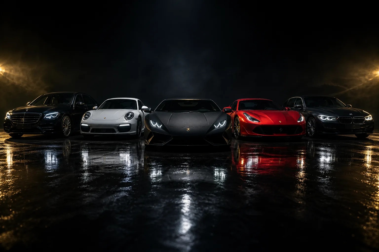Luxury cars including Mercedes, Porsche, Lamborghini, Ferrari, and BMW